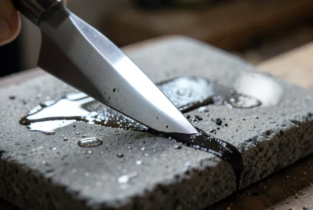 A chisel drawn across a wet water stone, dark slurry trailing the polished bevel