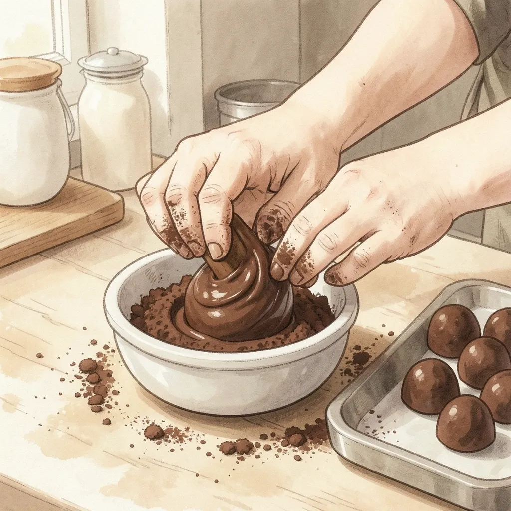 Storybook illustration of hands rolling a chocolate truffle in cocoa powder