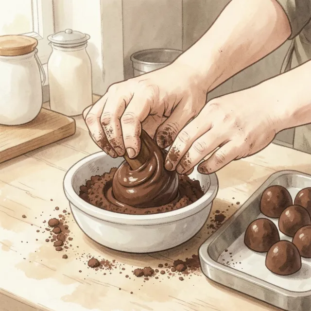 Storybook illustration of hands rolling a chocolate truffle in cocoa powder