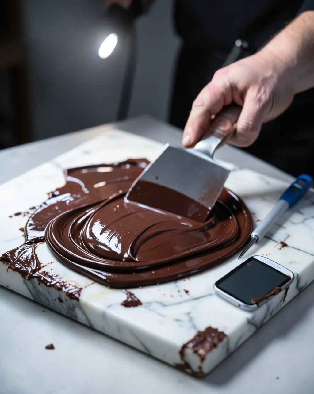 Dark couverture being tempered on marble with an offset spatula, glossy ribbons, blank thermometer