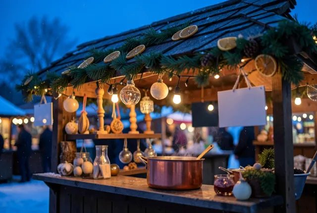 Wooden Christmas market stall strung with bulb lights, baubles and mulled wine in blue dusk