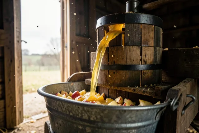 A wooden cider press streaming fresh juice into a trough in soft barn light