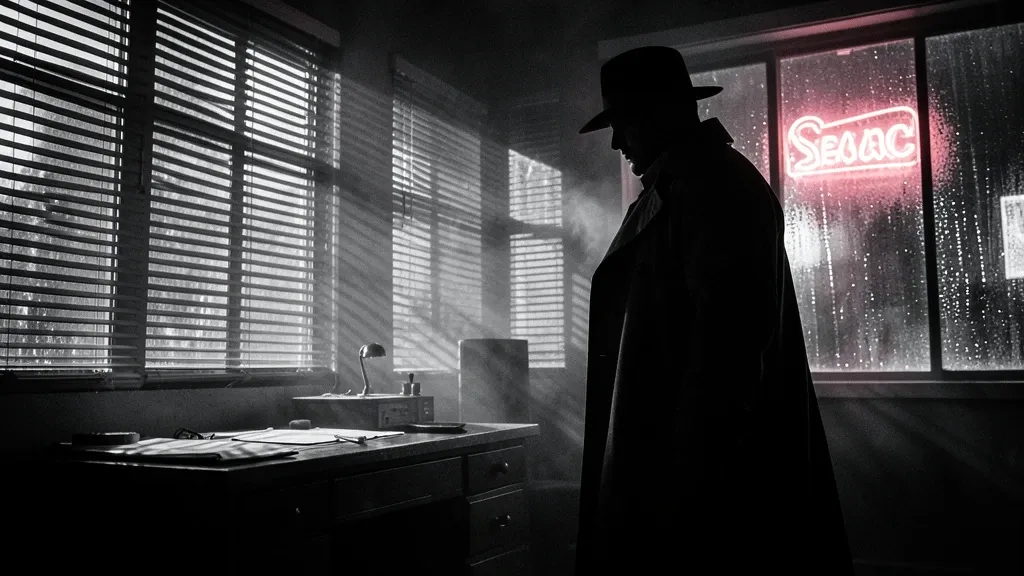 Cinematic noir detective scene with venetian blind shadows and a trench coat figure
