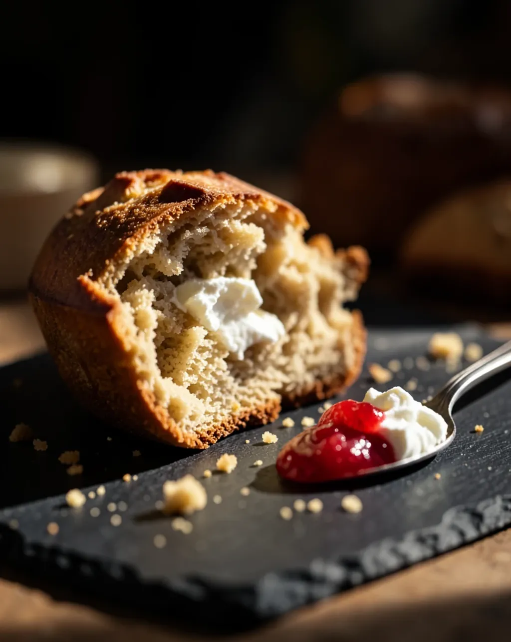 A split scone with clotted cream and jam on dark slate under a warm shaft of side light