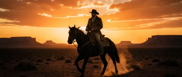 A lone cowboy silhouetted on horseback against a dusty orange desert sunset and distant mesas