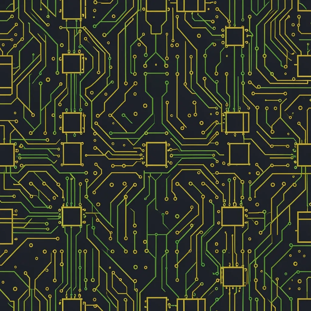 A seamless pattern of gold and green circuit board traces on a dark background.