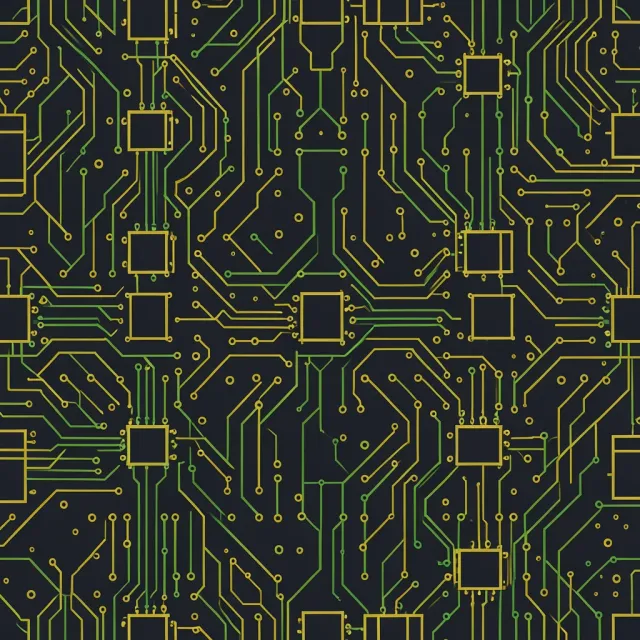 A seamless pattern of gold and green circuit board traces on a dark background.