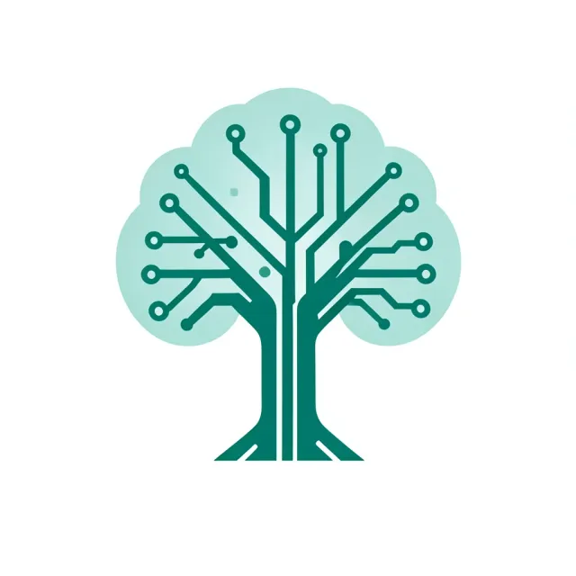 A flat teal tree logo with circuit board branches — AI-generated example render