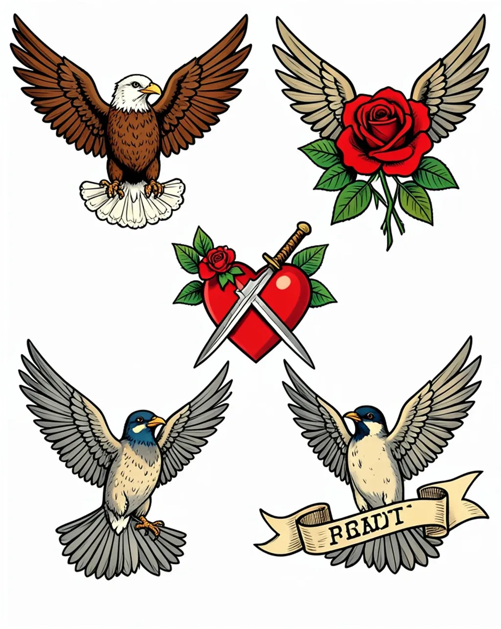 Classic Americana tattoo flash sheet with eagle, rose, dagger and banner designs