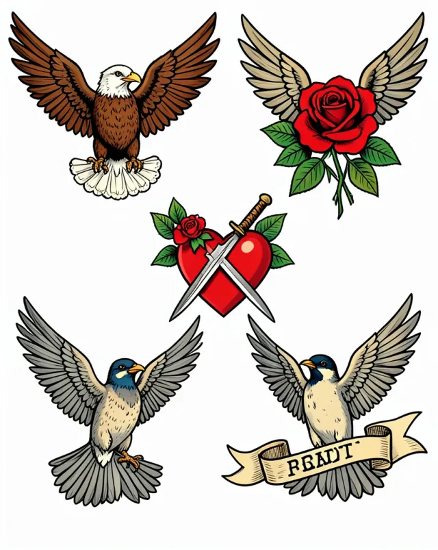 Classic Americana tattoo flash sheet with eagle, rose, dagger and banner designs