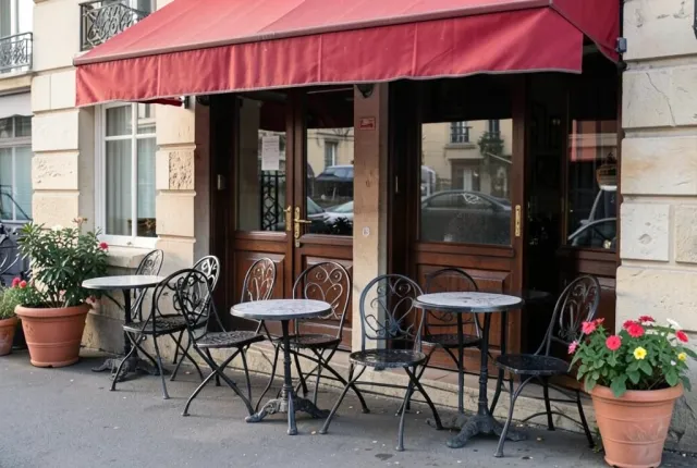 Classic Parisian cafe terrace with wrought-iron chairs, round tables, red awning, and morning light