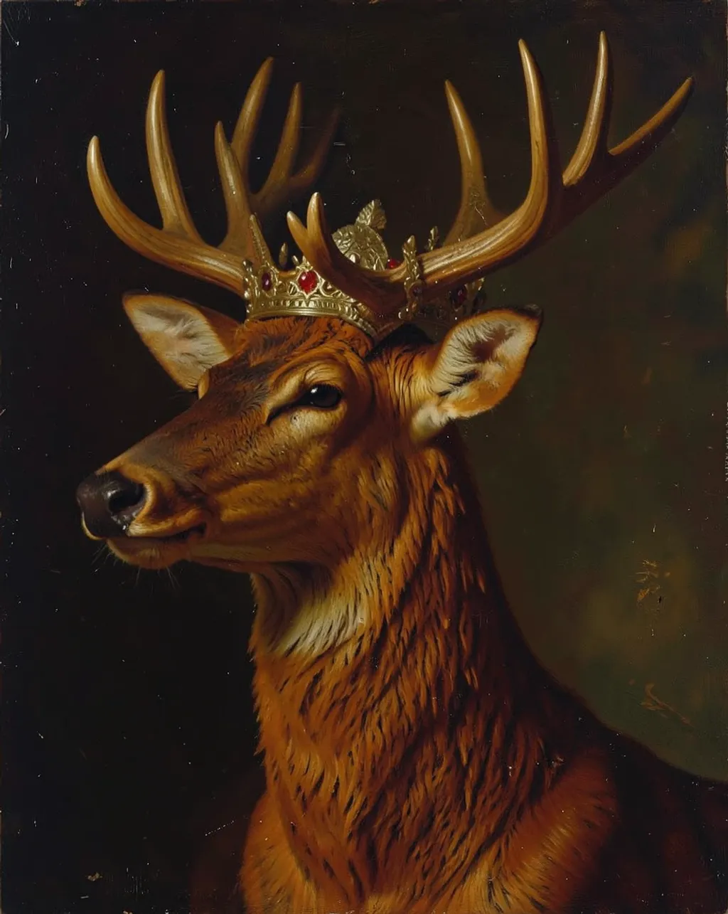 Oil-painting profile portrait of a noble stag with full antlers in warm umber tones against a dark background