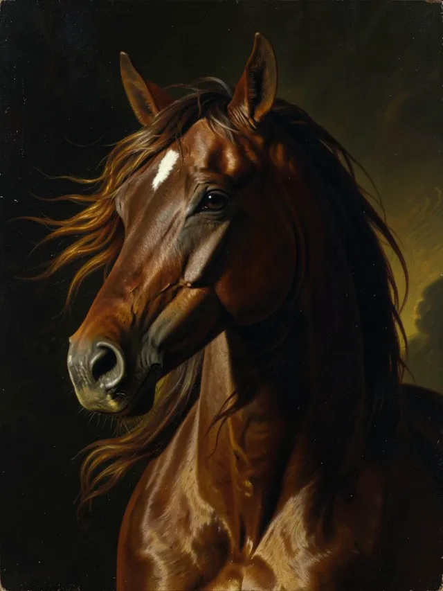 Baroque oil portrait of a noble bay stallion with a flowing mane and arched neck in warm golden chiaroscuro light
