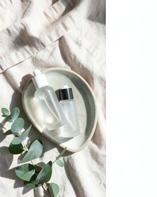 Clean beauty product flat lay with serum bottles on a soft neutral background