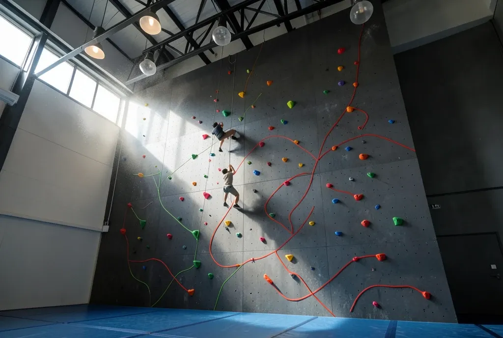 Modern bouldering gym with coloured holds on a charcoal overhang and blue mats under steel trusses