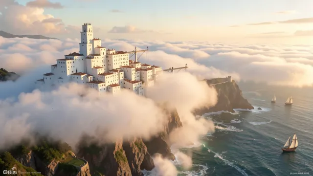 A tiered white cloud city on a coastal cliff at dawn with skybridges and tiny figures for scale