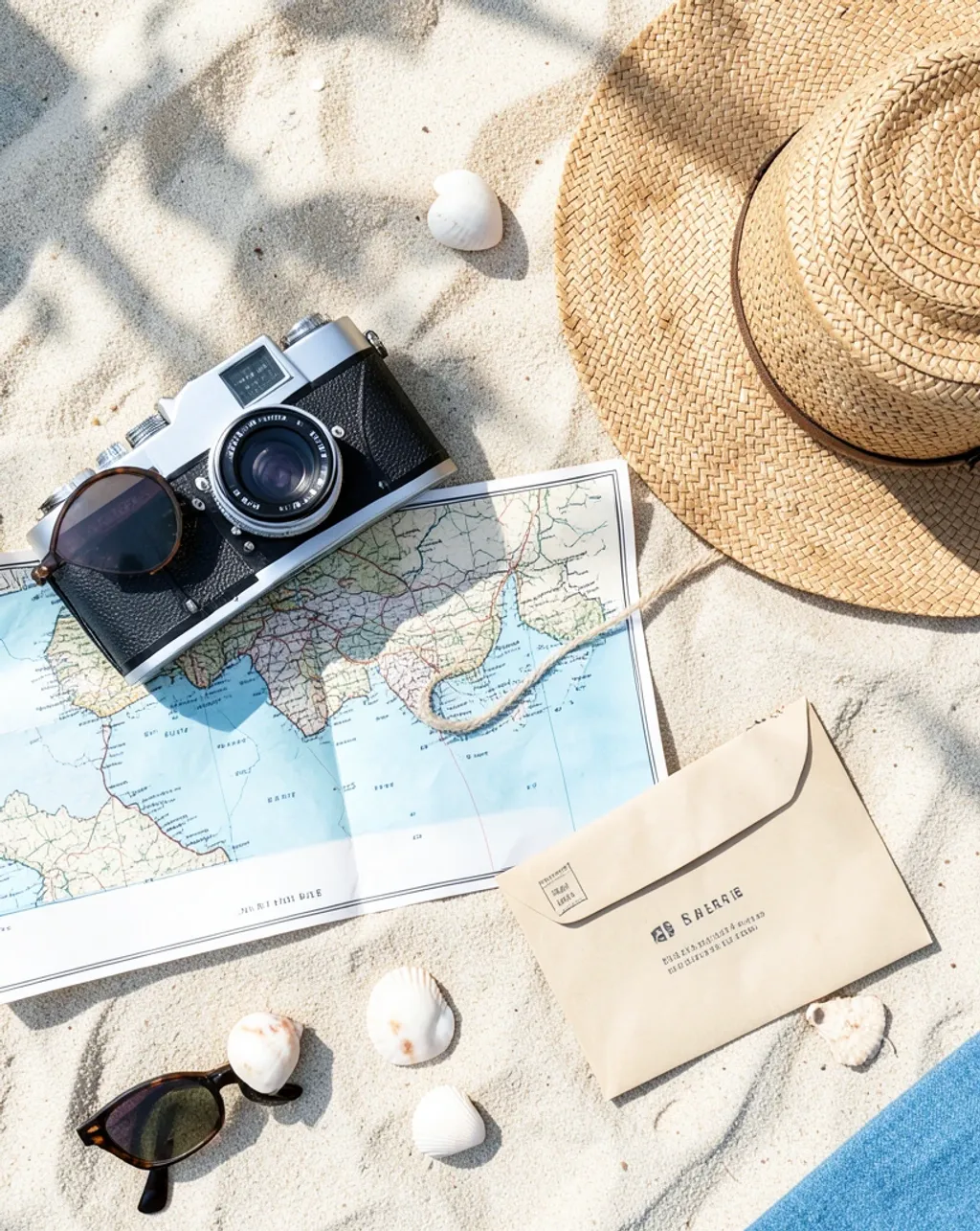 Coastal travel moodboard pin with a film camera, shells, sunglasses and folded map