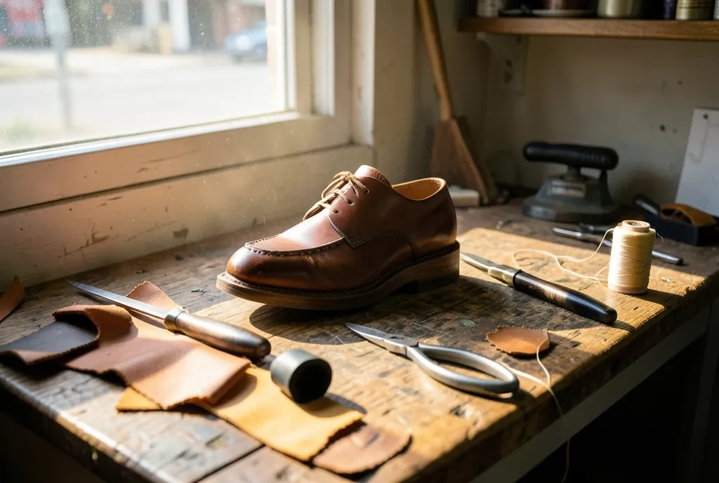 Cobbler bench with a shoe last, half-soled oxford, awl and waxed thread in warm side light