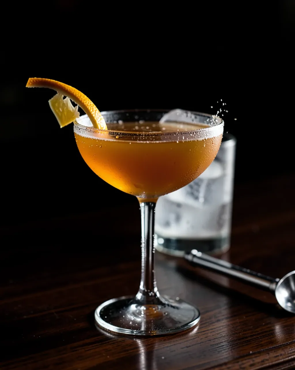 Amber cocktail in a coupe with a grapefruit twist arched over the rim, backlit on dark walnut