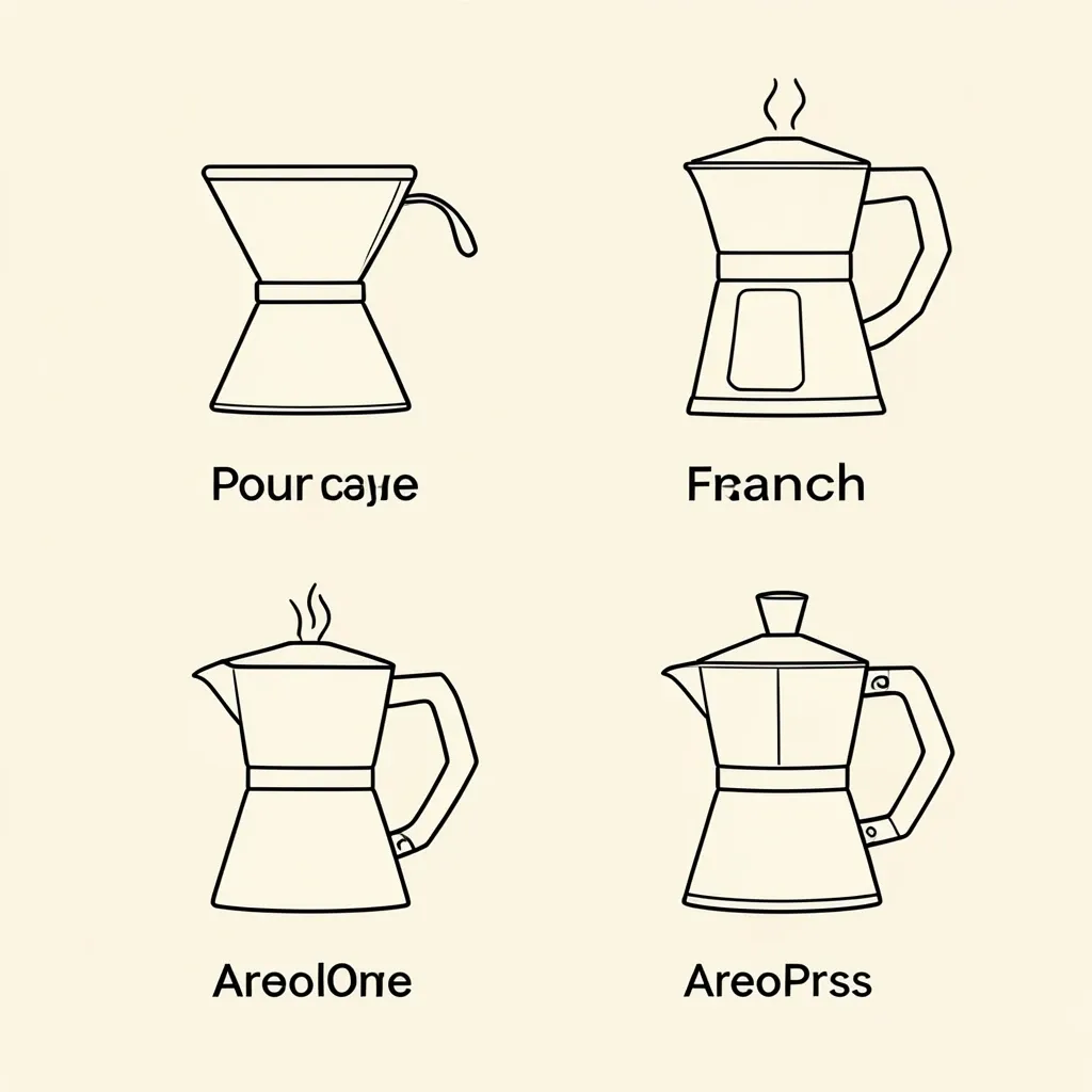 A diagram of four coffee brewing methods in a 2x2 grid, rendered in simple line art.