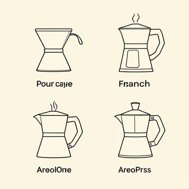 A diagram of four coffee brewing methods in a 2x2 grid, rendered in simple line art.