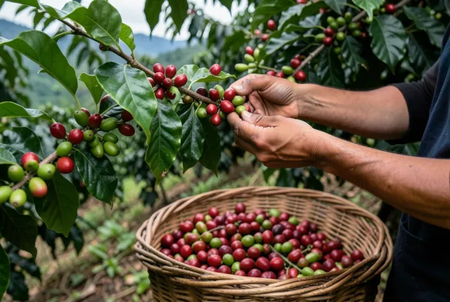 Hands selecting ripe red coffee cherries from a branch into a waist basket.