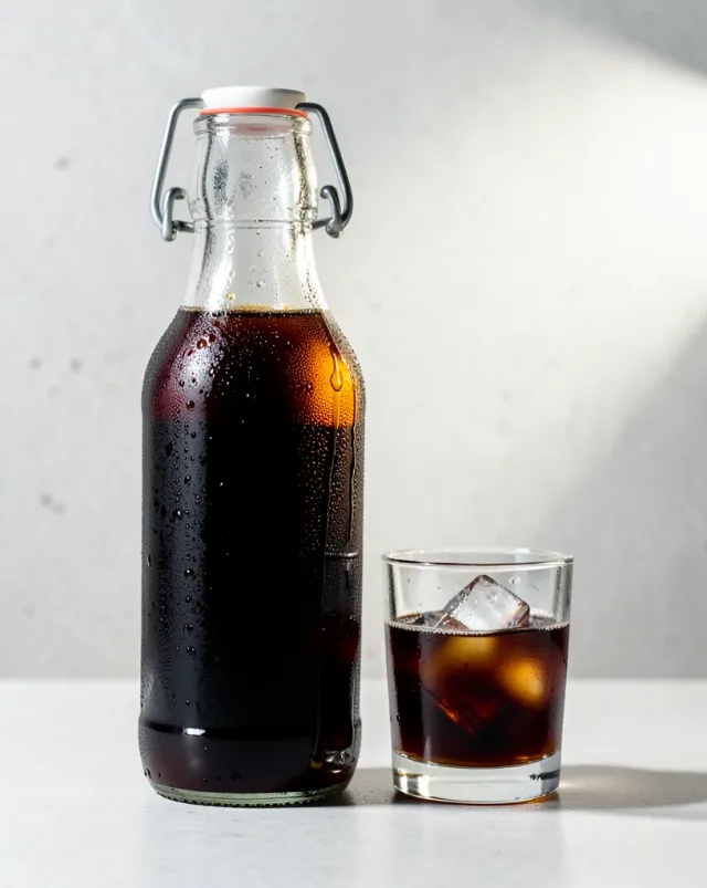 Cold brew coffee bottle covered in condensation backlit against pale concrete with an ice cube