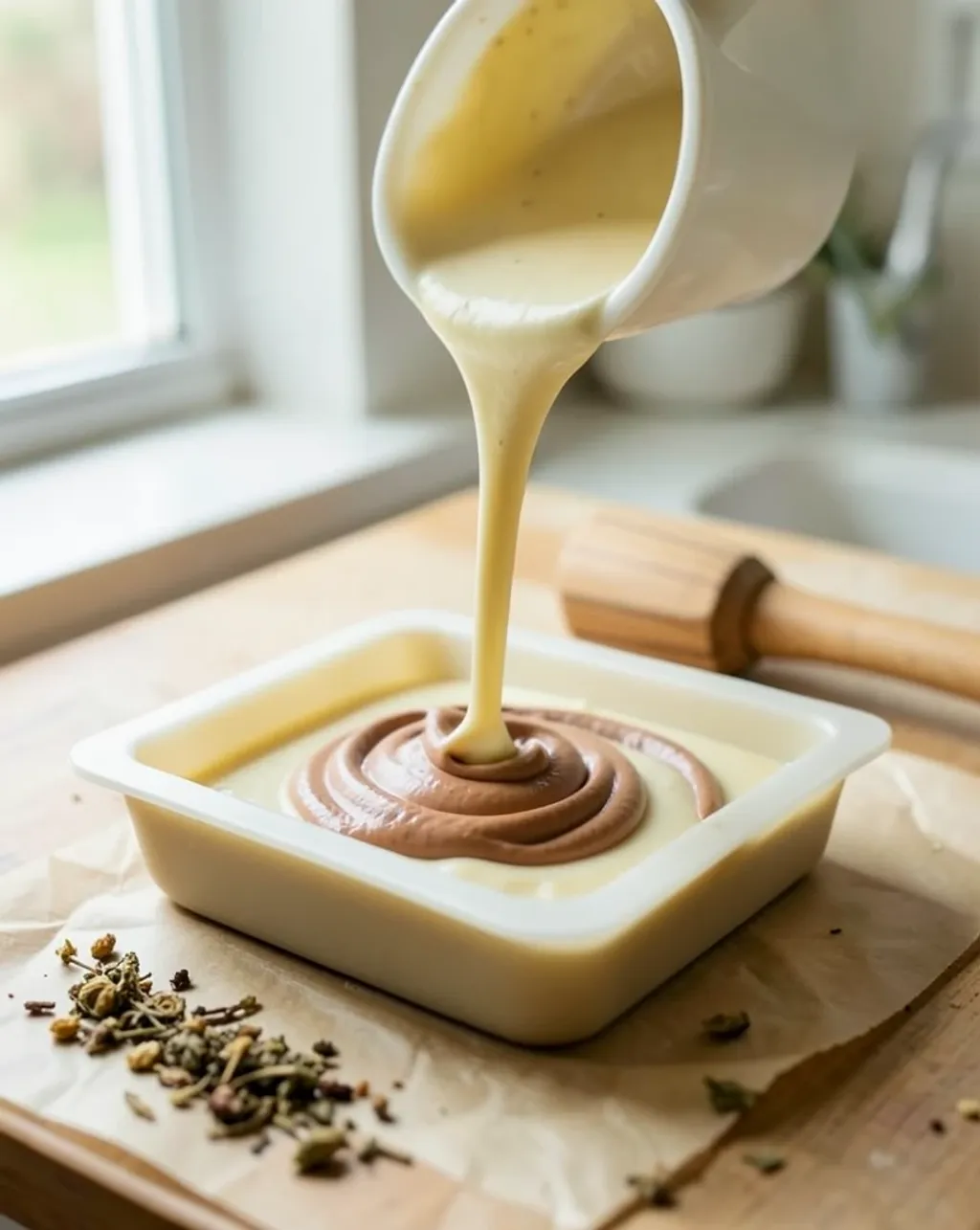 Creamy soap batter pouring into a silicone mould with a clay-tinted accent ribbon, soft side daylight