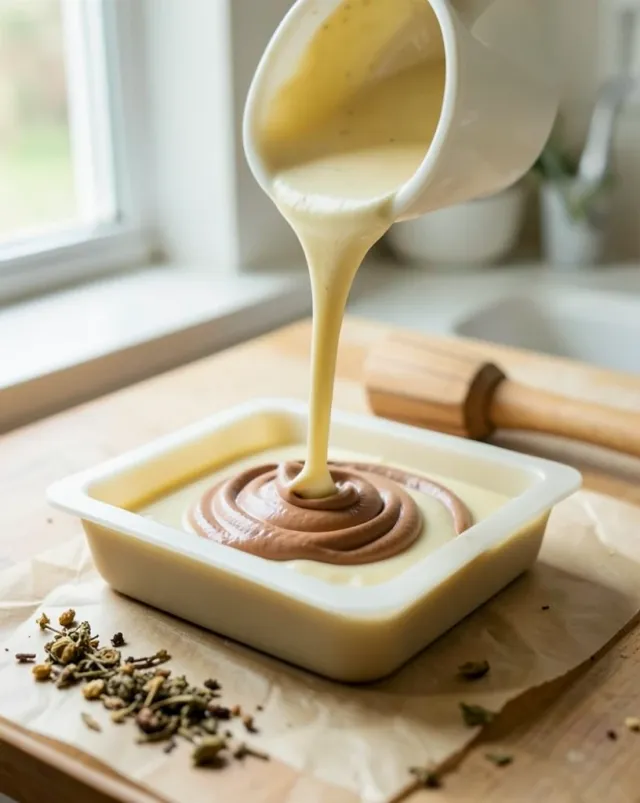 Creamy soap batter pouring into a silicone mould with a clay-tinted accent ribbon, soft side daylight