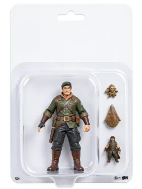 Collectible adventurer action figure sealed in blister packaging on a blank cardback with accessories