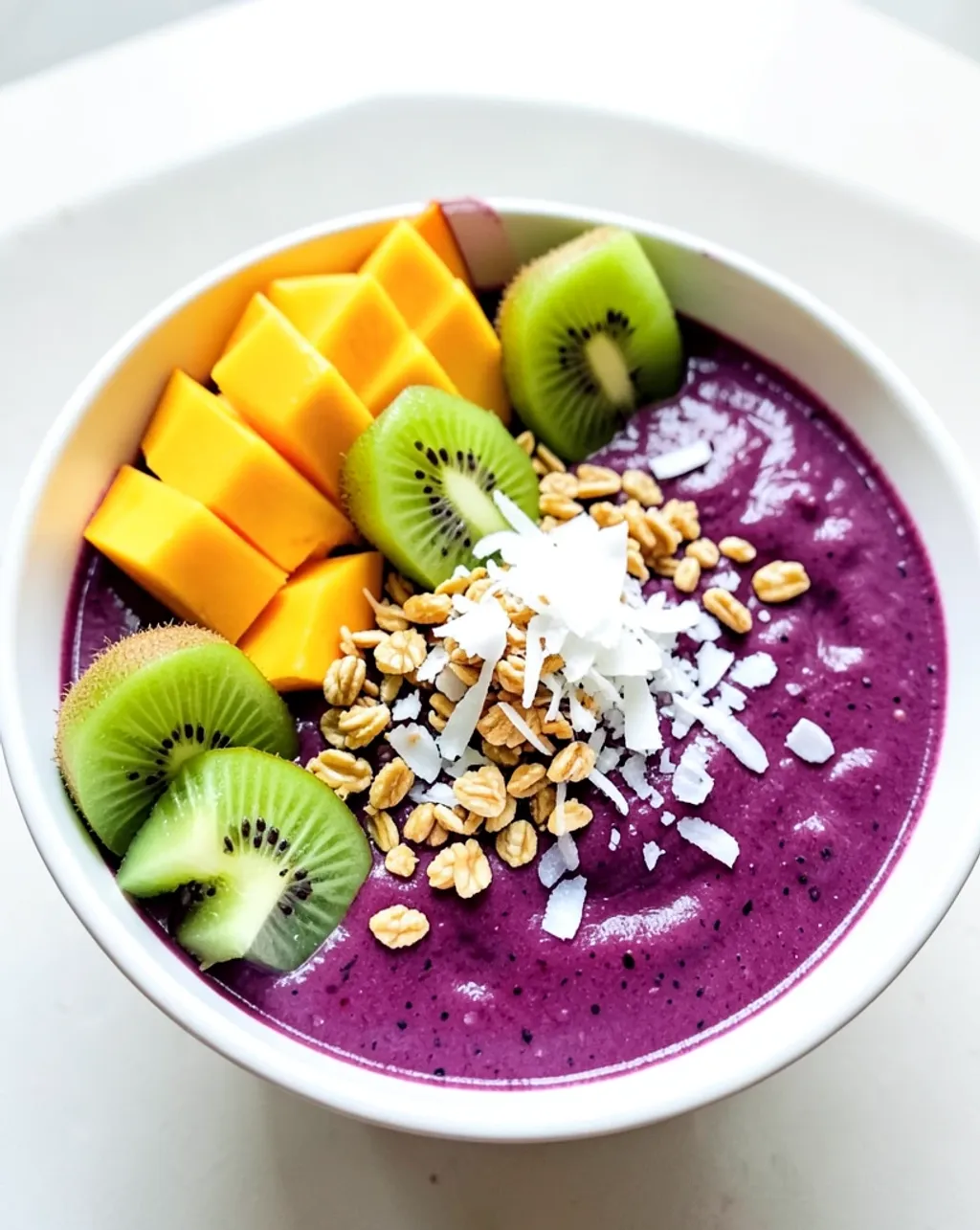 Deep purple acai bowl topped with mango, kiwi, passion fruit, coconut flakes, and granola