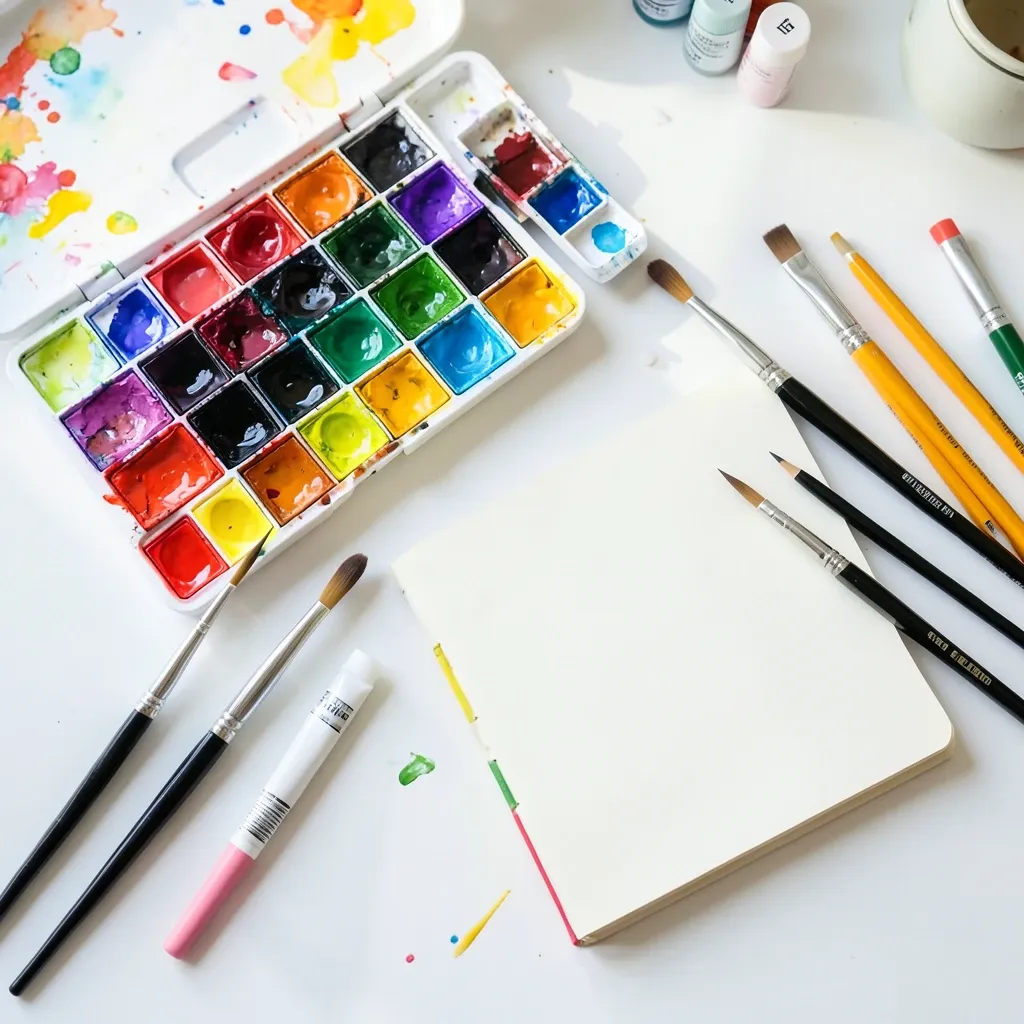 Flat lay of colorful watercolor paints, brushes, pencils, and sketchbook on a white desk