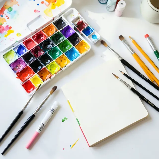 Flat lay of colorful watercolor paints, brushes, pencils, and sketchbook on a white desk