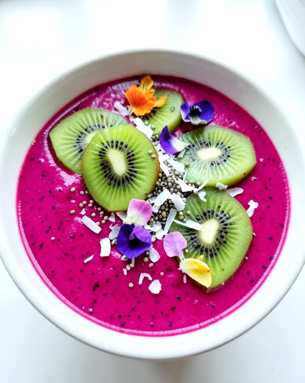 Vibrant magenta dragon fruit smoothie bowl topped with kiwi, coconut flakes, chia seeds, and edible flowers