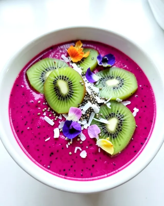 Vibrant magenta dragon fruit smoothie bowl topped with kiwi, coconut flakes, chia seeds, and edible flowers