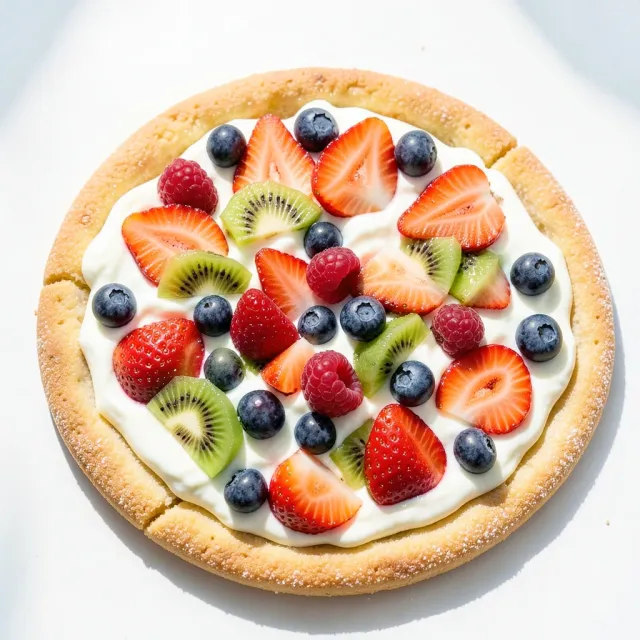 Round fruit pizza with Greek yogurt base topped with strawberries, kiwi, blueberries, and raspberries