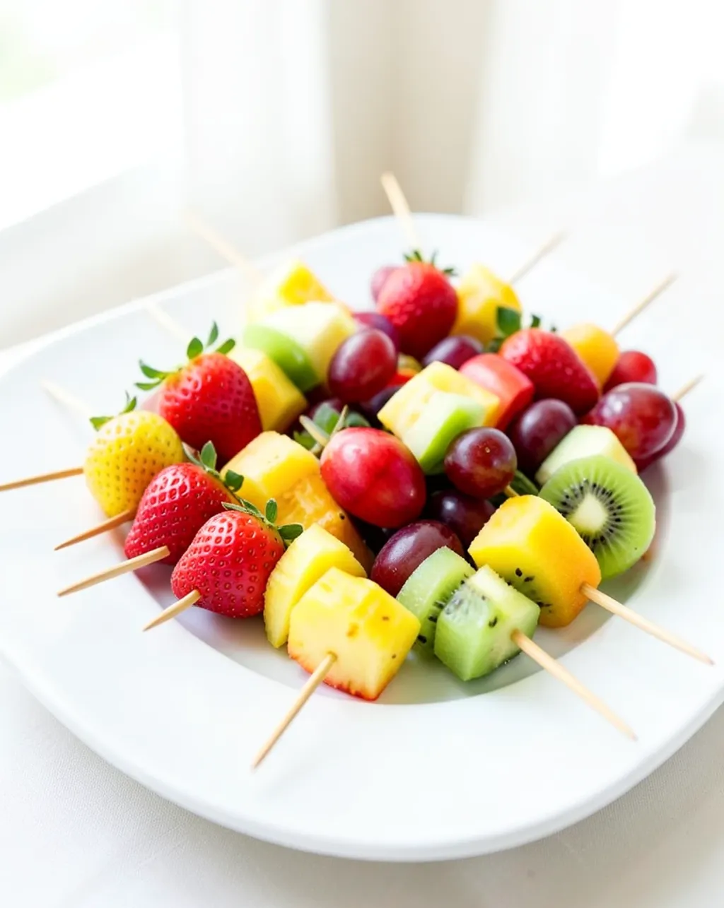 Colorful fruit skewers of strawberries, pineapple, melon, grapes, and kiwi on a white platter