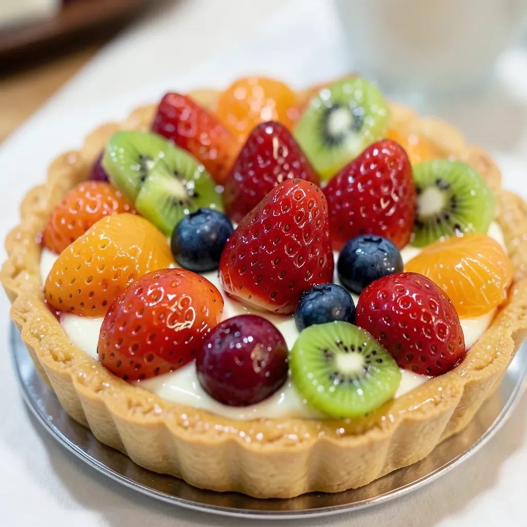 Colorful fruit tart with strawberries, kiwi, blueberries, and mandarin slices on custard
