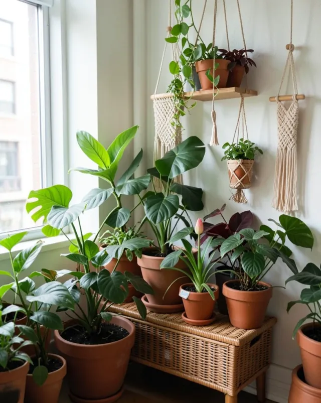 Colorful indoor plant corner with potted houseplants on woven stand and hanging macrame holders