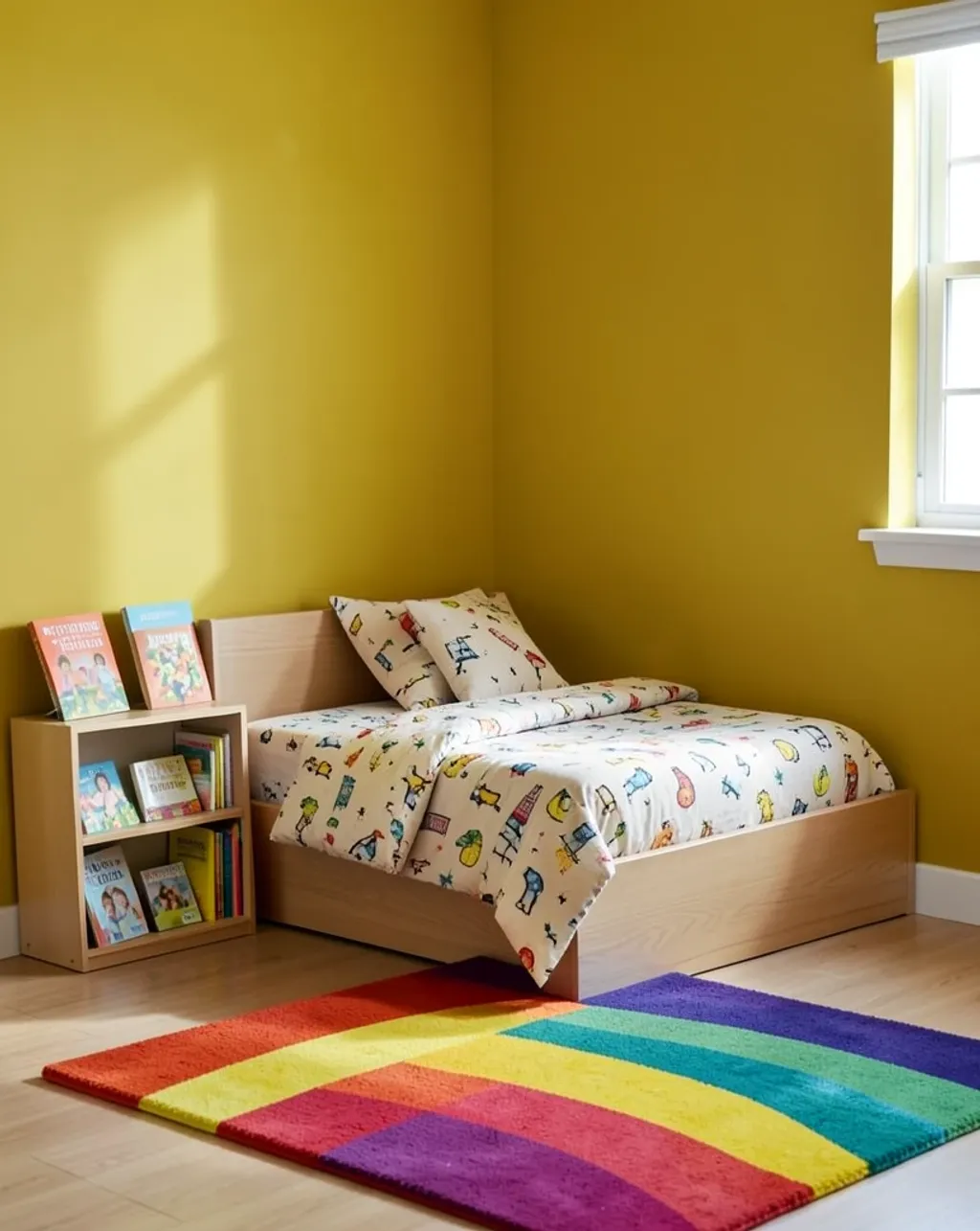 Colorful kids bedroom corner with mustard feature wall, low bed, bookshelf, and rainbow rug