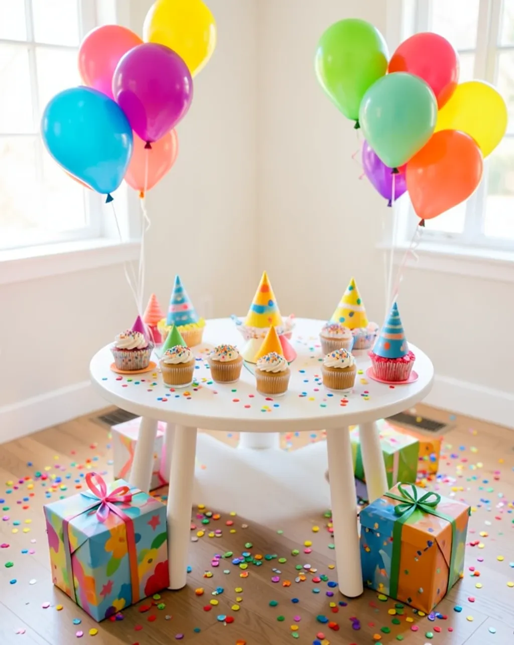Colorful kids birthday party table with balloons, cupcakes, sprinkles, confetti, and wrapped presents