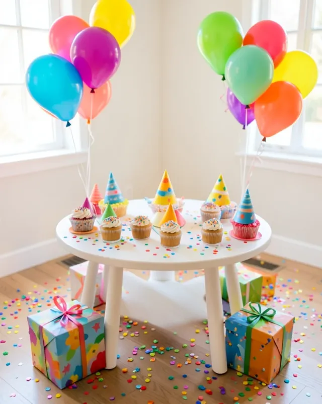 Colorful kids birthday party table with balloons, cupcakes, sprinkles, confetti, and wrapped presents