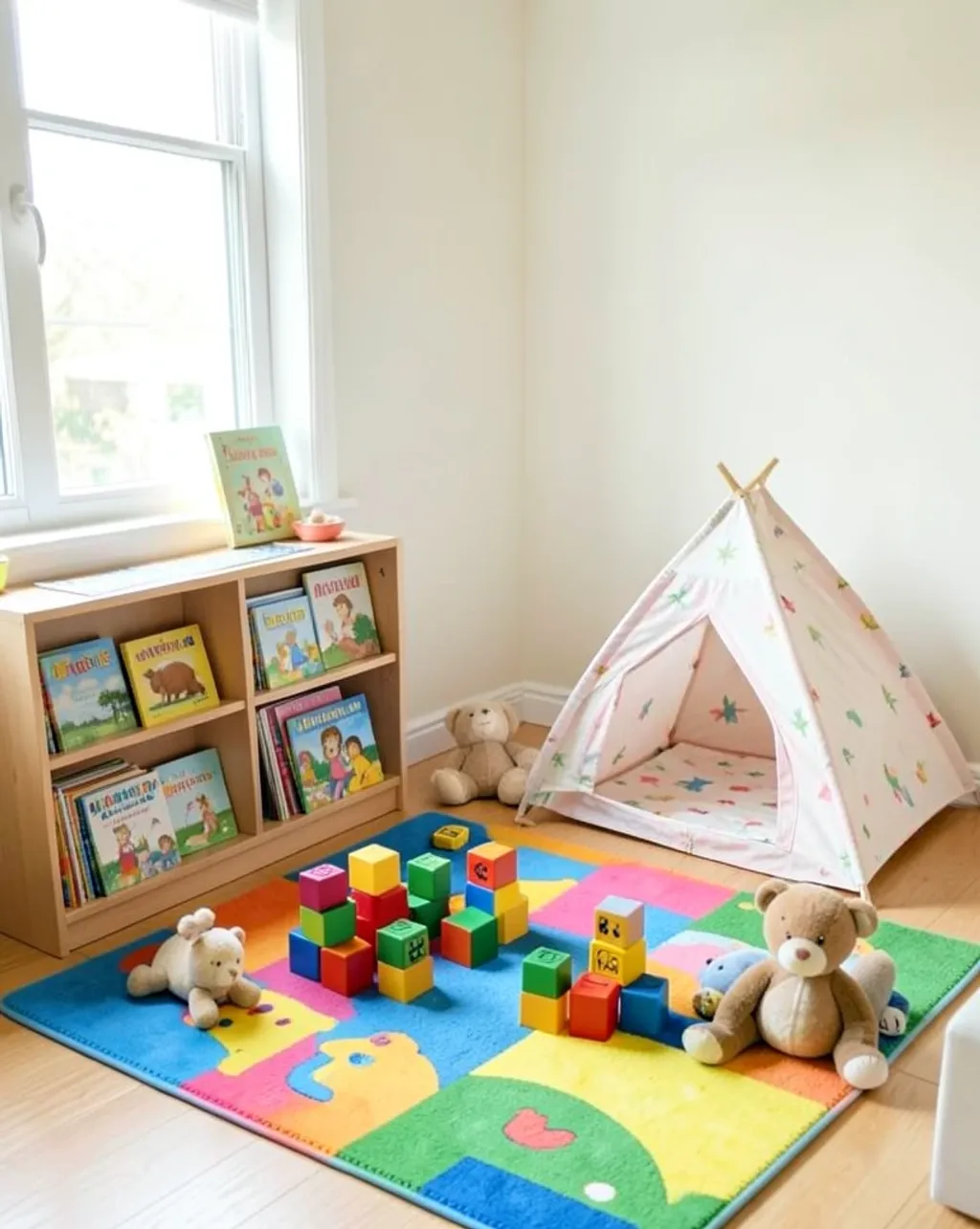 Colorful kids playroom corner with bright rug, toy blocks, stuffed animals, bookshelf, and small tent
