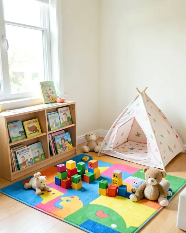 Colorful kids playroom corner with bright rug, toy blocks, stuffed animals, bookshelf, and small tent