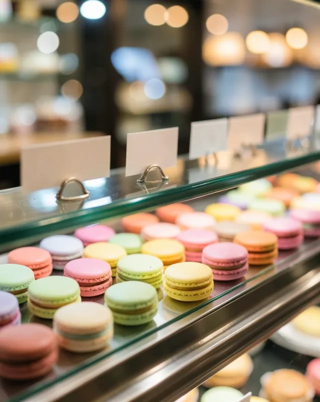 Colorful pastel macarons arranged in rows inside a glass bakery case with soft bokeh