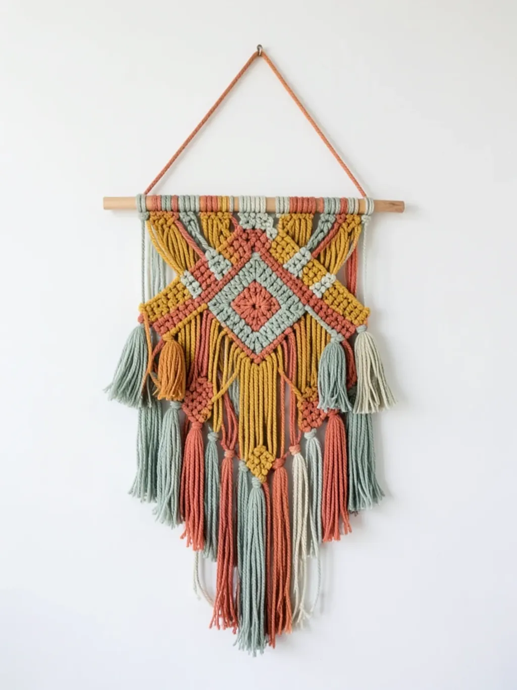 Colorful hand-woven macrame wall hanging with mustard, terracotta, and sage cords on white wall