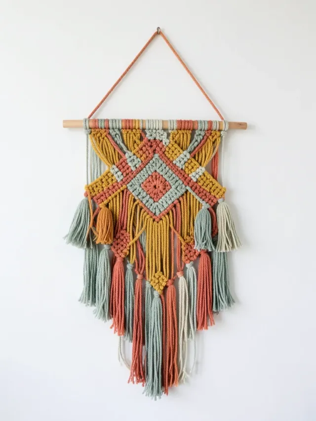 Colorful hand-woven macrame wall hanging with mustard, terracotta, and sage cords on white wall