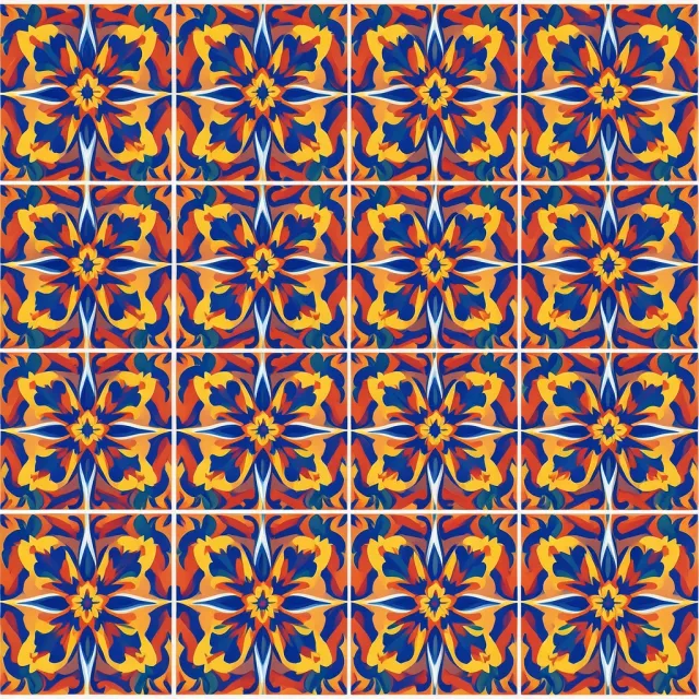 Seamless colorful Mexican Talavera tile pattern in terracotta, cobalt blue, and yellow geometric florals
