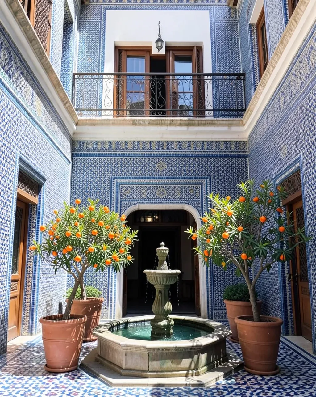 Colorful Moroccan riad courtyard with blue zellige tiles, central fountain, and orange trees