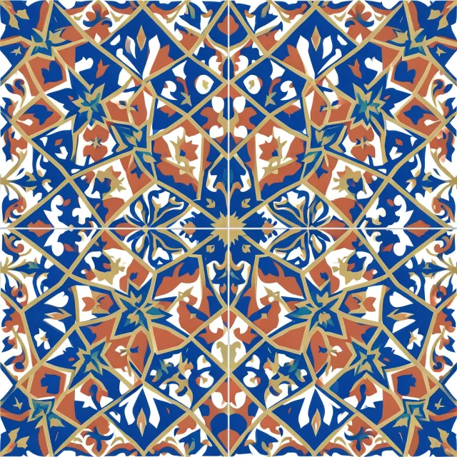 Colorful Moroccan tile pattern with geometric star and floral motifs in cobalt blue, terracotta, gold, and white